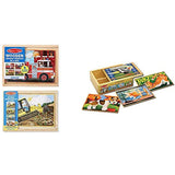 Melissa & Doug Wooden Jigsaw Puzzles Set: Vehicles and Construction & Pets Jigsaw Puzzles in a Box (Four Wooden Puzzles, Sturdy Wooden Storage Box, 12-Piece Puzzles)