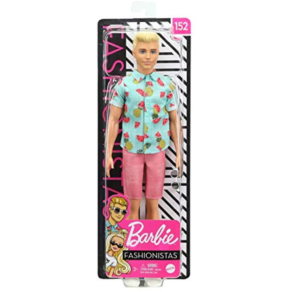 Barbie Ken Fashionistas Doll #152 with Sculpted Blonde Hair Wearing Blue Tropical-Print Shirt, Coral Shorts, White Shoes & White Sunglasses, Toy for Kids 3 to 8 Years Old
