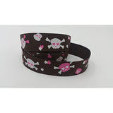 Polyester Grosgrain Ribbon for Decorations, Hairbows & Gift Wrap by Yame Home (7/8-in by 5-yds, white and magenta skulls w/brown background)