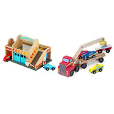 Melissa & Doug Magnetic Car Loader Wooden Toy Set with 4 Cars and 1 Semi-Trailer Truck Service Station Parking Garage with 2 Wooden Cars and Drive-Thru Car Wash