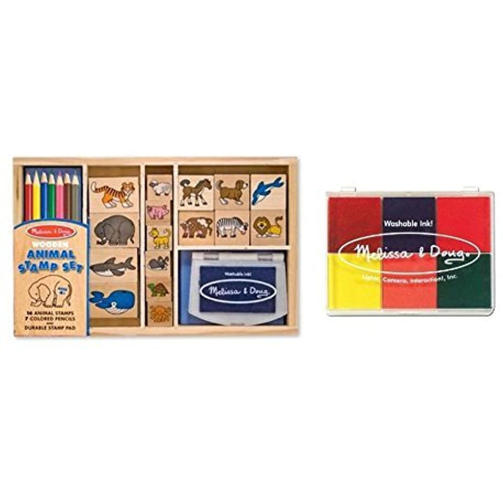 Melissa & Doug Wooden Stamp Set Bundle - Animal Stamp Set and Bonus Rainbow Stamp Pad