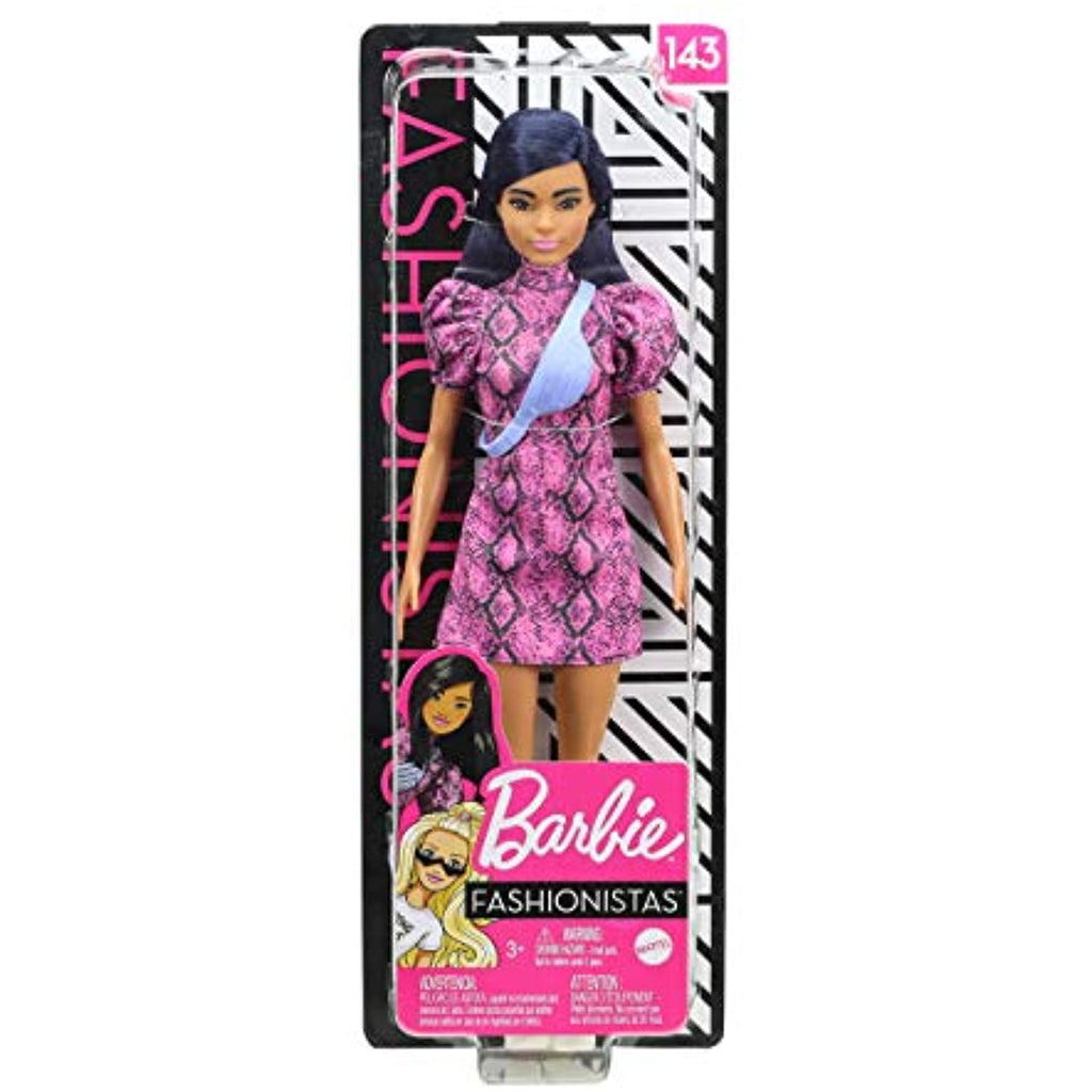 Barbie Fashionistas Doll #143, with Pink Snake Print Dress and Over The Shoulder Bag Toy for Kids 3 to 8 Years Old