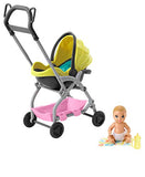 Barbie Skipper Babysitters Inc. Doll and Playset, Small Baby Doll with Yellow and Pink Stroller with Rolling Wheels and Removable Seat, Plus Blanket and Bottle, Gift for 3 to 7 Year Olds