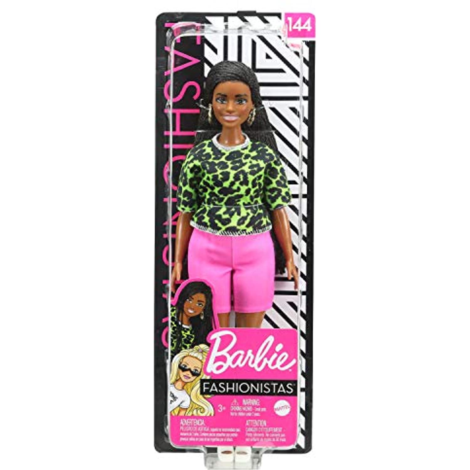 Barbie Fashionistas Doll with Long Brunette Braids Wearing Neon Green Animal-Print Top, Pink Shorts, White Sandals & Earrings, Toy for Kids 3 to 8 Years Old