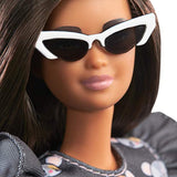 Barbie Fashionistas Doll with Long Brunette Hair Wearing Mouse-Print Dress, Pink Booties & Sunglasses, Toy for Kids 3 to 8 Years Old