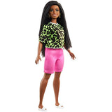 Barbie Fashionistas Doll with Long Brunette Braids Wearing Neon Green Animal-Print Top, Pink Shorts, White Sandals & Earrings, Toy for Kids 3 to 8 Years Old