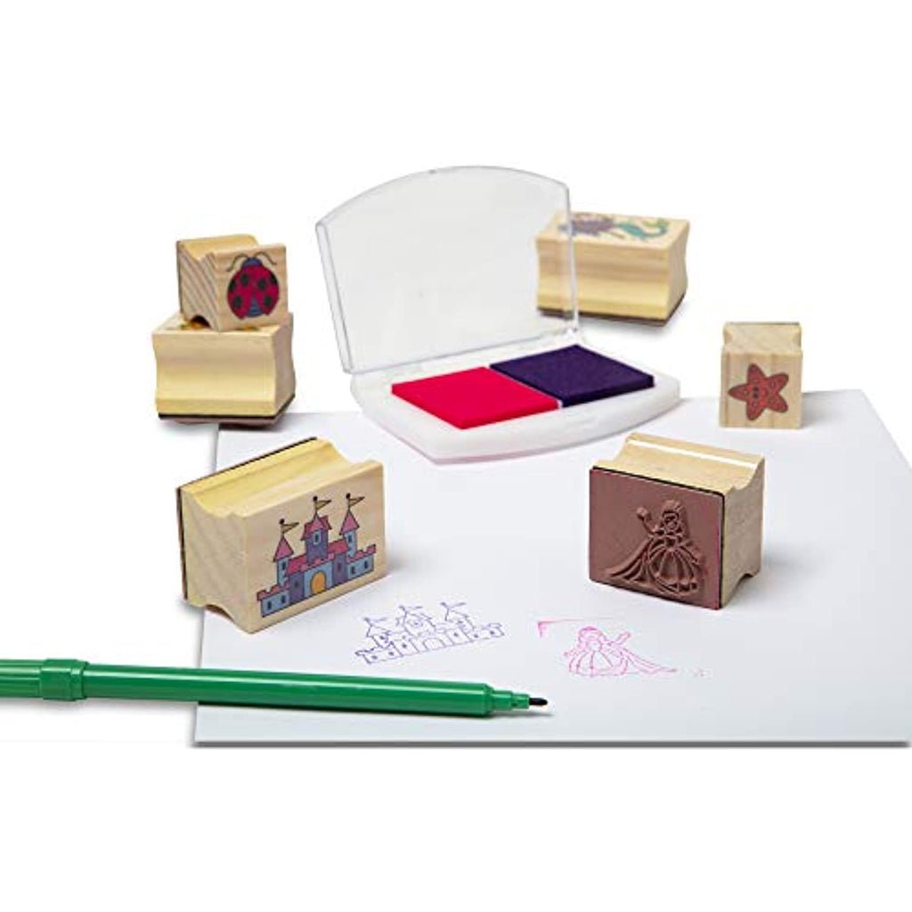 Melissa & Doug Deluxe Wooden Stamp and Coloring Set – Fairy Tale (30 Stamps, 6 Markers, 2 Durable 2-Color Stamp Pads)