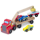 Melissa & Doug Magnetic Car Loader Wooden Toy Set with 4 Cars and 1 Semi-Trailer Truck Service Station Parking Garage with 2 Wooden Cars and Drive-Thru Car Wash