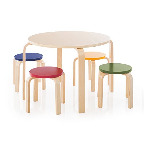 Guidecraft Nordic Table and Chairs Set for Kids: Multi-Color, Stacking Bentwood Stools with Curved Wood Activity Table - Modern Toddler Kitchen, Playroom and Classroom Furniture