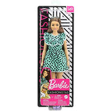 Barbie Fashionistas Doll with Long Brunette Hair Wearing Graphic Black & Aqua Polka-Dot Dress, Purple Sandals & Sunglasses, Toy for Kids 3 to 8 Years Old, Multi (GHW63)
