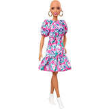 Barbie Fashionistas Doll with No-Hair Look Wearing Pink Floral Dress, White Booties & Earrings, Toy for Kids 3 to 8 Years Old, Multi