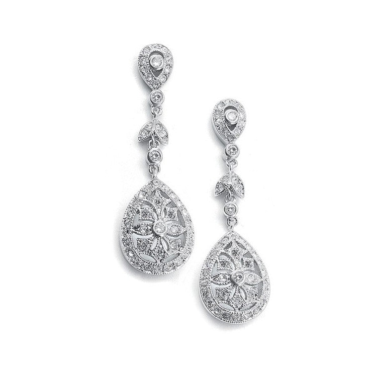 Vintage Etched Cubic Zirconia Dangle Bridal Earrings 420E