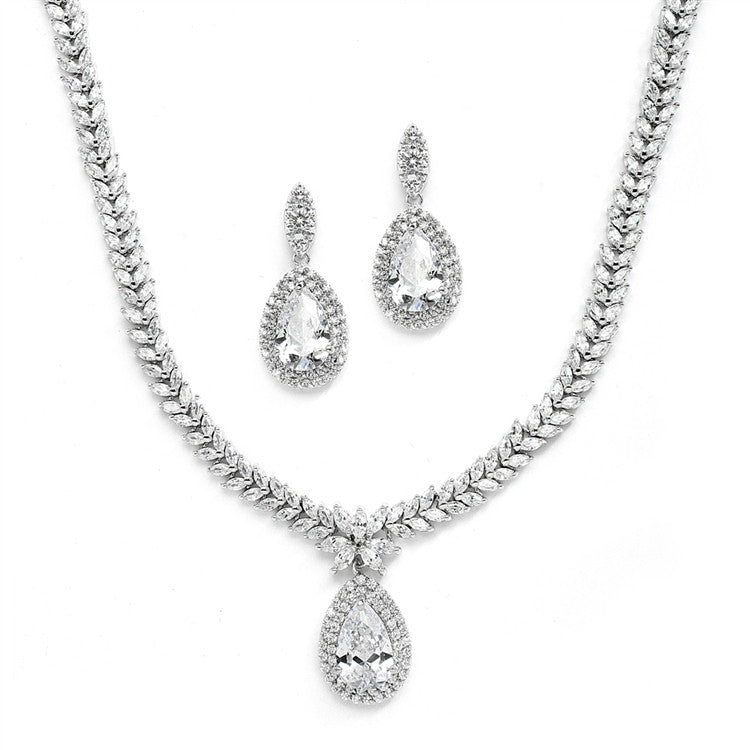 Regal CZ Bridal Necklace and Earrings Set with Marquise & Pear Shaped Drop 4240S
