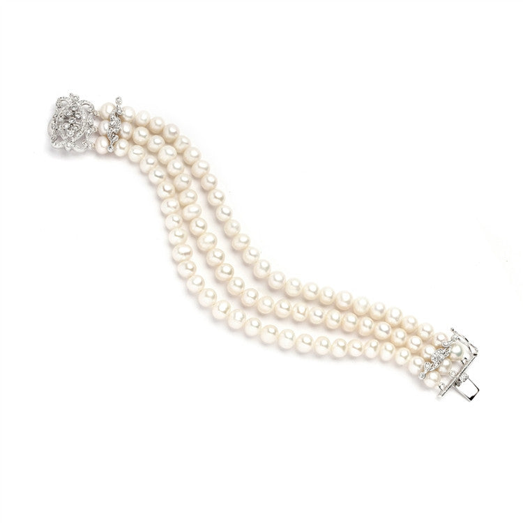 3-Row Freshwater Pearl Bridal Bracelet with Vintage CZ Clasp 4270B