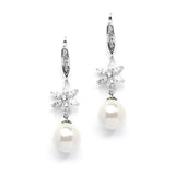 Soft Cream Pearl Dangle Bridal Earrings with CZ Flowers 4275E