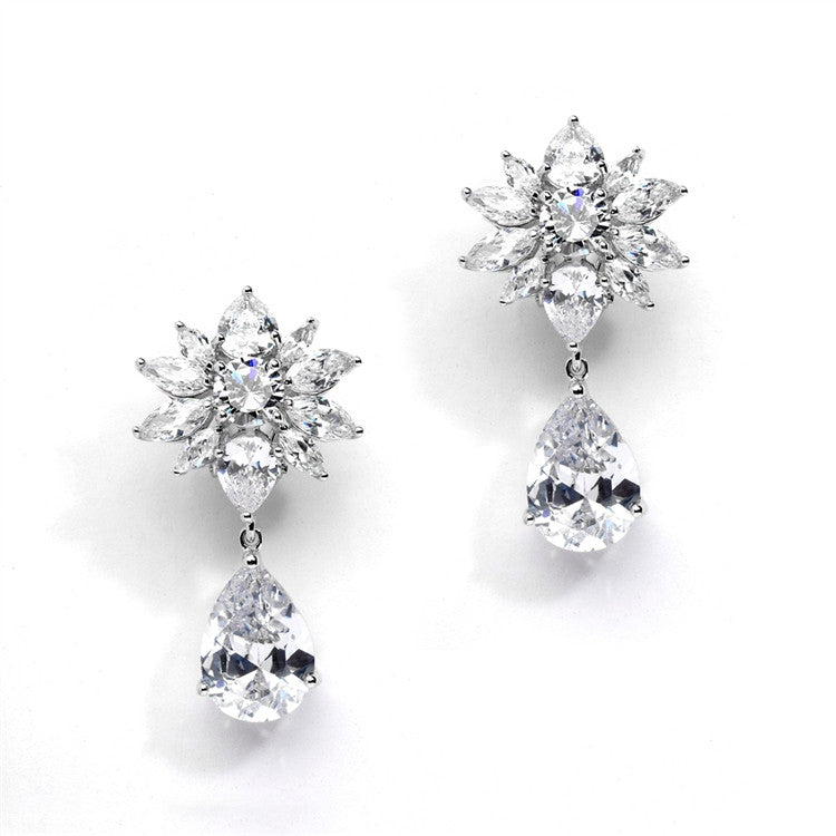 Bold CZ Floral Cluster Earrings with Pear Drops for Weddings or Bridals 4280E