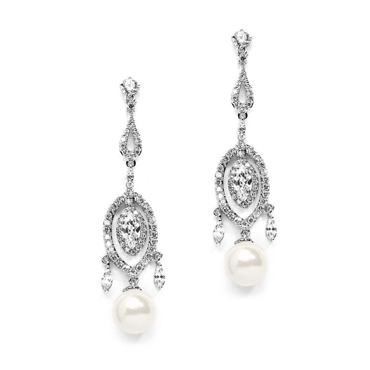 Linear CZ Bridal Earrings with Marquis Dangles and Soft Cream Pearl Drops