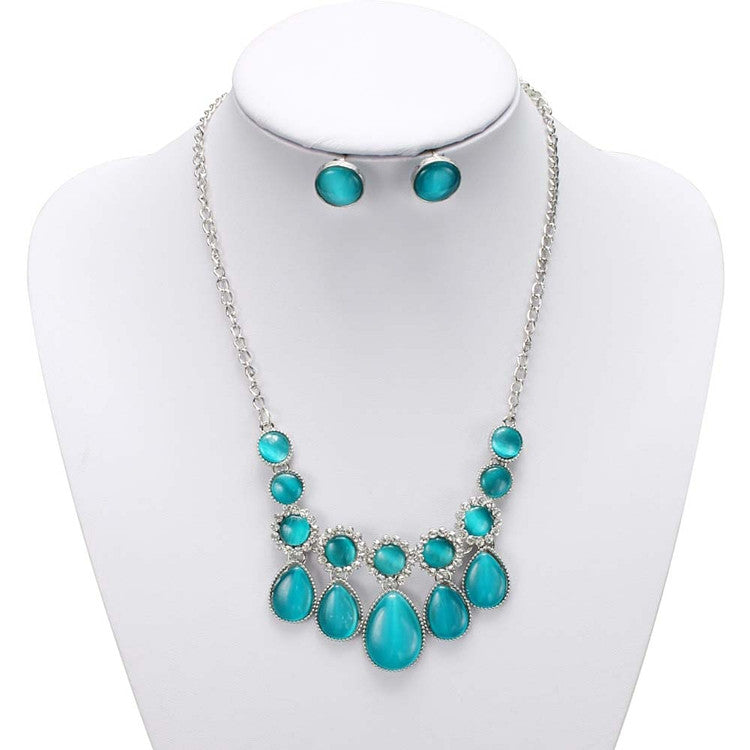 Teal Faux Cat's Eye Jeweled Neck Set 4314S-TE-S
