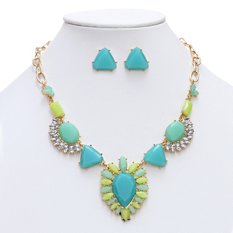 Turquoise-Green Multi Art Deco Statement Necklace 4325S-TQ-G