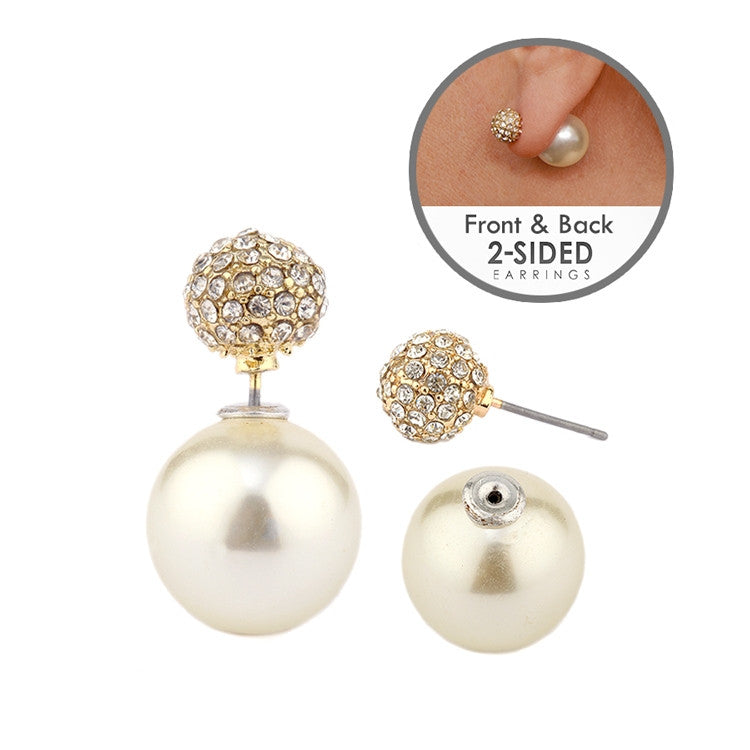 Celebrity Style Double Sided Front Back Ivory Pearl & Crystal Pave Stud Earrings