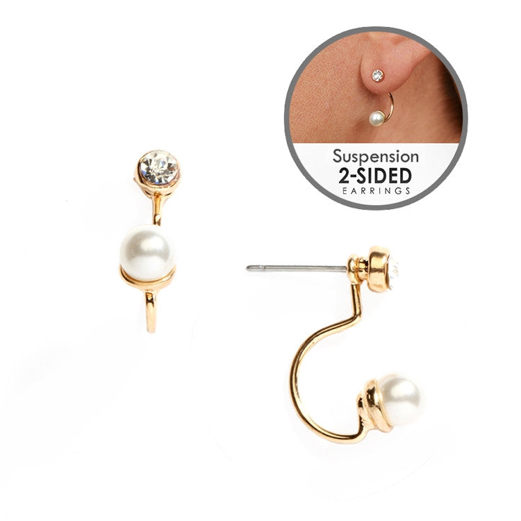 Crystal Stud Suspension Earrings in Gold with Cream Pearls