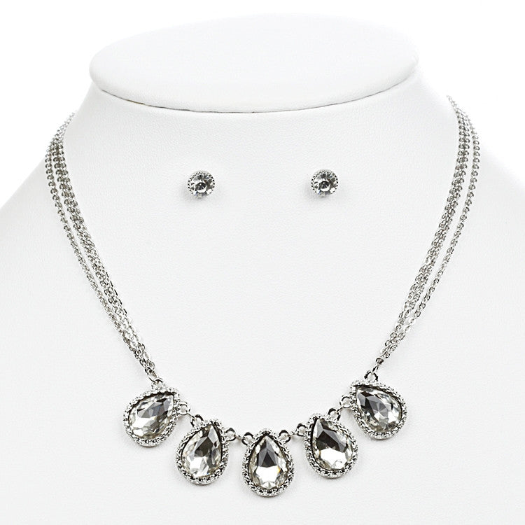 Textured Silver Frame Teardrops Necklace Set 4364S