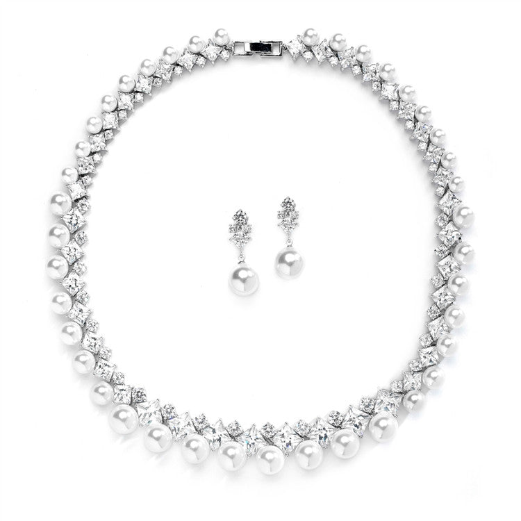 Glamorous CZ and White Pearl Wedding Necklace and Earrings Set 4367S-W-S