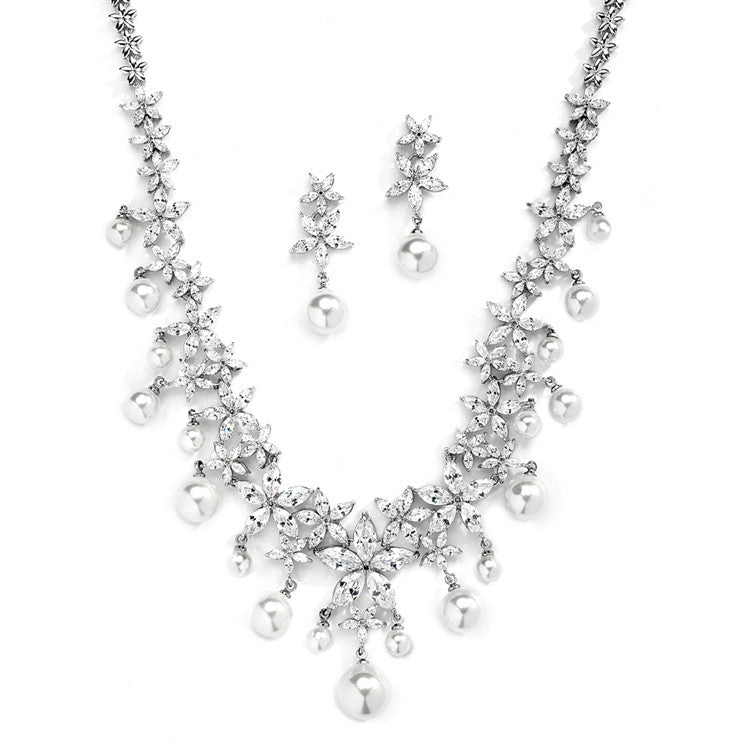 Glamorous White Pearl and CZ Bridal Statement Necklace Set 4373S-W-S