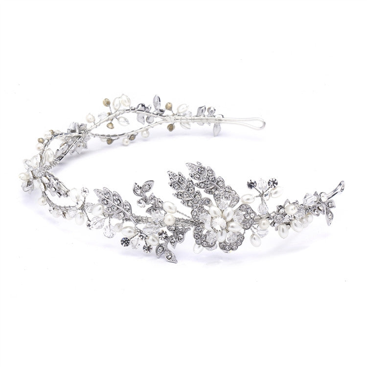 Wavy Bridal Headband with Crystal and Pearl Garden 4381HB-SC-S