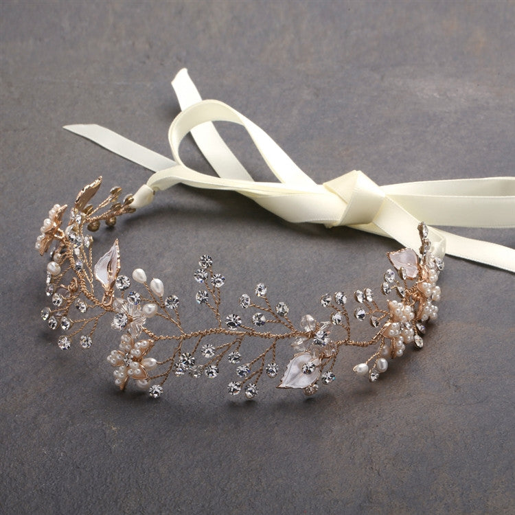 Bridal Headband with Hand Painted Gold and Silver Leaves 4384HB-I-G
