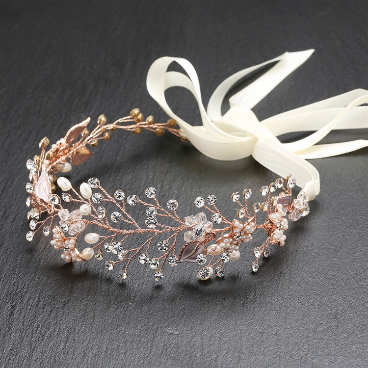 Bridal Headband with Hand Painted Rose Gold and Silver Leaves 4384HB-I-RG