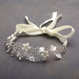 Bridal Ribbon Headband with Hand Painted Silver Leaves 4384HB-I-S