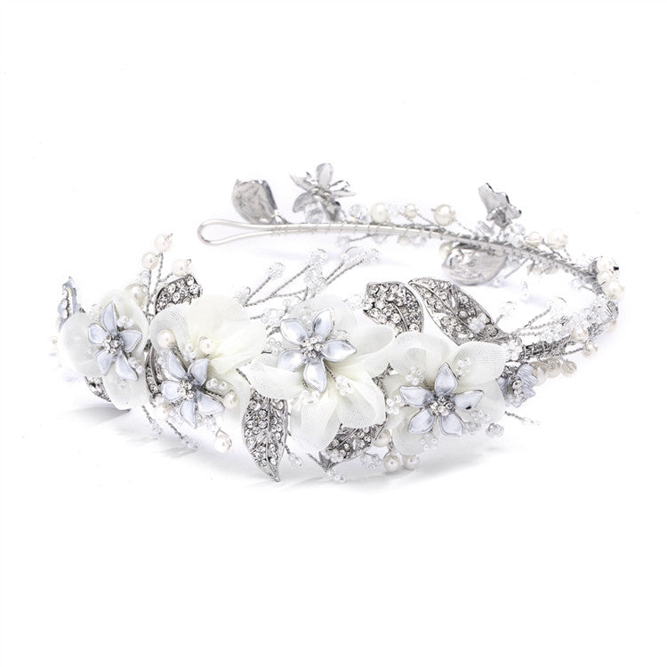 Enchanting Side Design Bridal Tiara Headband with Organza 4385HB-I-S