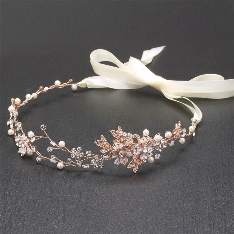 Handmade Bridal Headband with Painted Gold Rose Vines 4386HB-I-RG