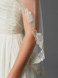 One Layer Fingertip Length Mantilla Bridal Veil with Silver Lace Edge & Crystals 4414V-I-S