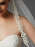 Sculpted Lace Edged Fingertip Length Mantilla Wedding Veil with Crystal Accents 4416V-I-S