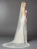 1 Layer Embroidered Cathedral Mantilla Wedding Veil with Dramatic Beaded Lace Edge 4422V-I-S