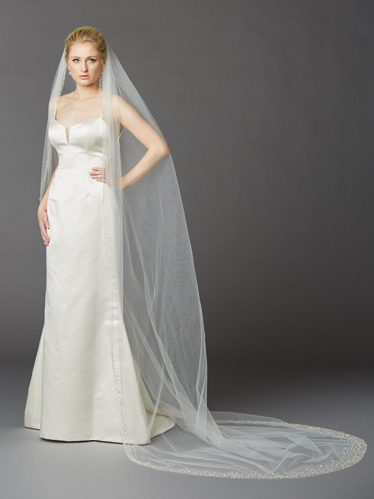Breathtaking 1 Layer Cathedral Wedding Veil with Dramatic Crystal, Pearl and Beaded Edging 4424V-I