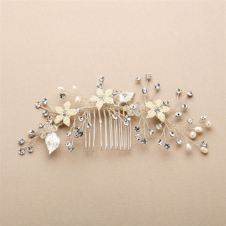 Bridal Hair Comb with Hand Painted Leaves, Freshwater Pearls and Crystals Sprays 4425HC-I-S
