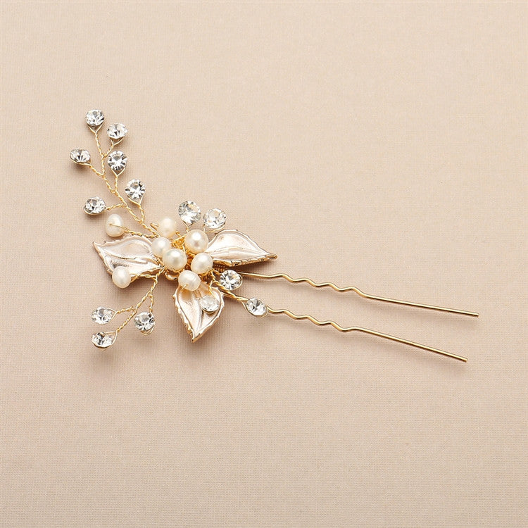 Bridal Hair Pin with Silvery Gold Leaves, Freshwater Pearl and Crystal Sprays 4426HC-I-G