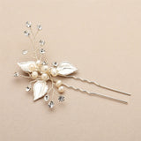Bridal Hair Pin with Hand-Painted Silver Leaves, Freshwater Pearl and Crystal Sprays 4426HC-I-S