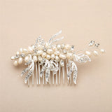 Freshwater Pearl and Crystal Bridal Hair Comb with Graceful Silver Leaves 4427HC-I-S