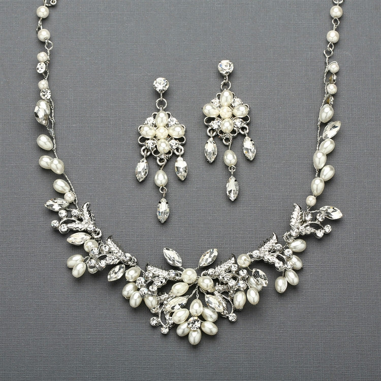 Silver Vine Bridal Necklace and Earrings Set with Freshwater Pearls 4429SC-S