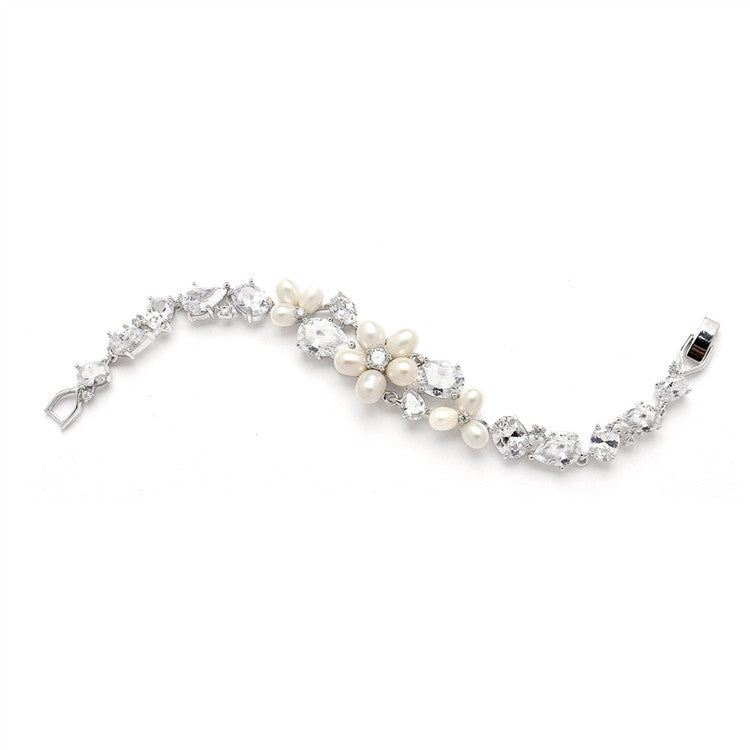 Ravishing Genuine Freshwater Pearl and CZ Statement Bracelet 4430B-I-S