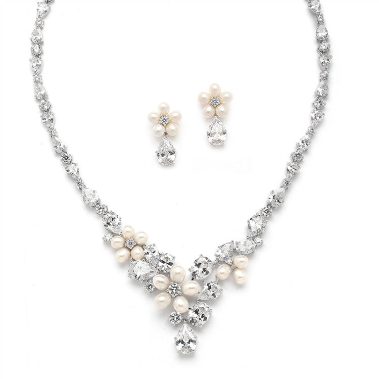 Ravishing Freshwater Pearl and CZ Statement Necklace and Earrings Set 4430S-I-S
