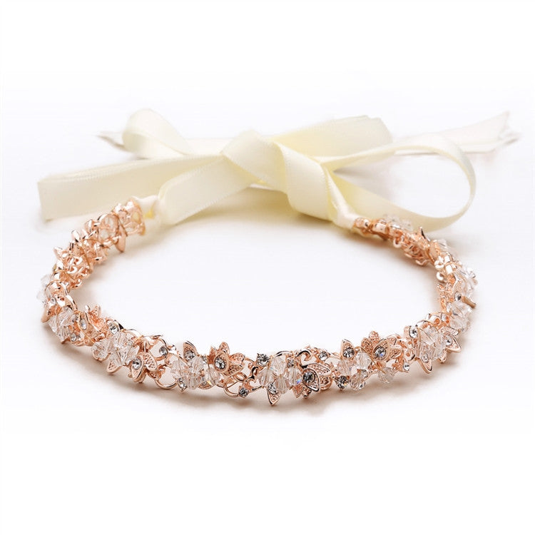 Slender Rose Gold Bridal Headband with Hand-wired Crystal Clusters and Ivory Ribbons 4431HB-I-RG