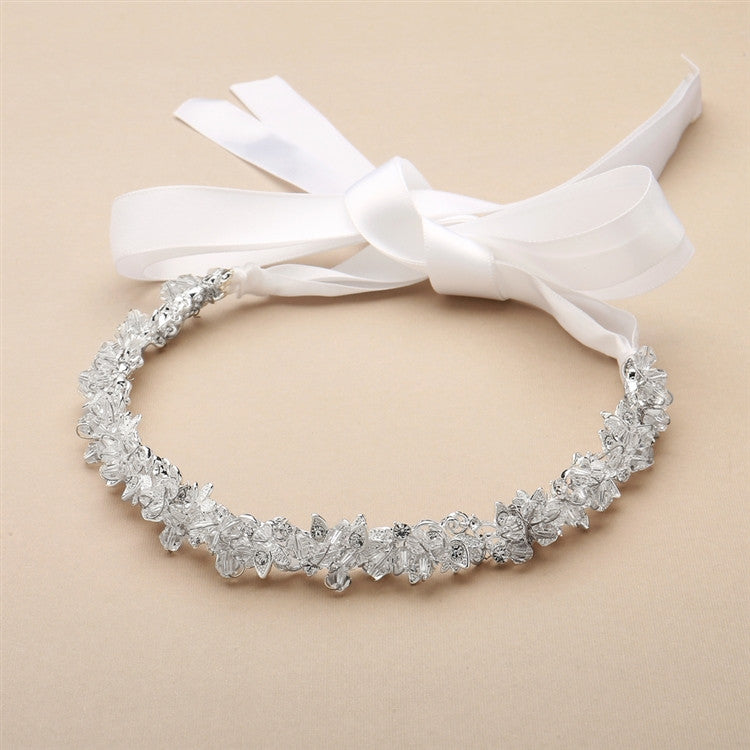 Slender Bridal Headband with Hand-wired Crystal Clusters and White Ribbons 4431HB-W