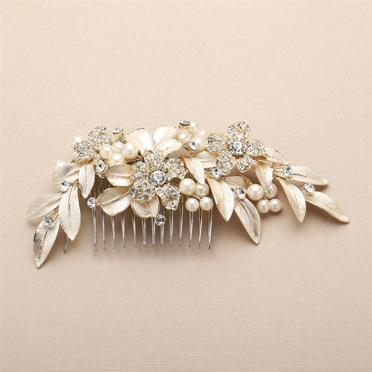 Designer Bridal Hair Comb with Hand Painted Gold Leaves and Pave Crystals 4437HC-I-LTG