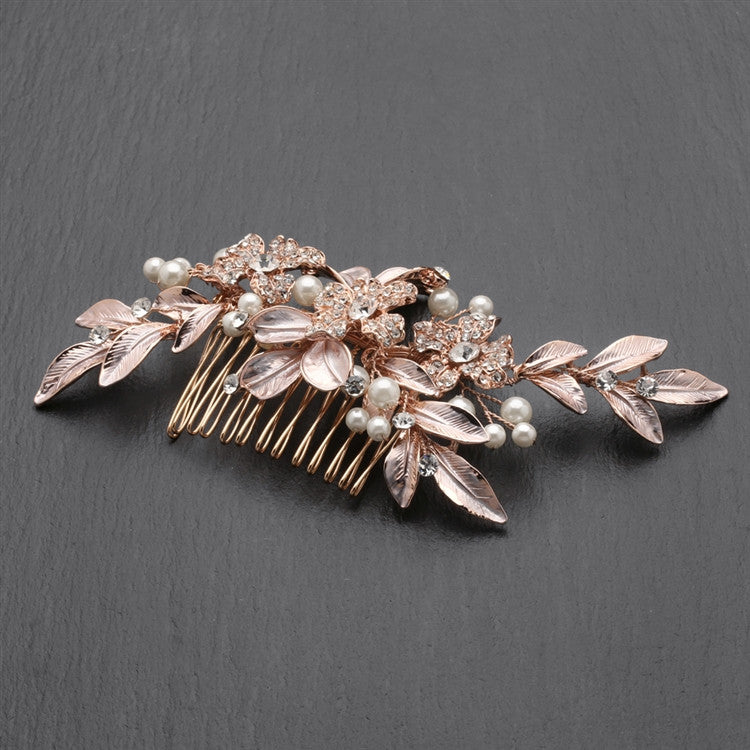 New! Designer Bridal Hair Comb With Hand Painted Rose Gold Leaves And Pave Crystals 4437hc-i-rg