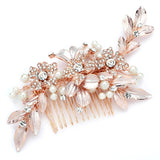 New! Designer Bridal Hair Comb With Hand Painted Rose Gold Leaves And Pave Crystals 4437hc-i-rg
